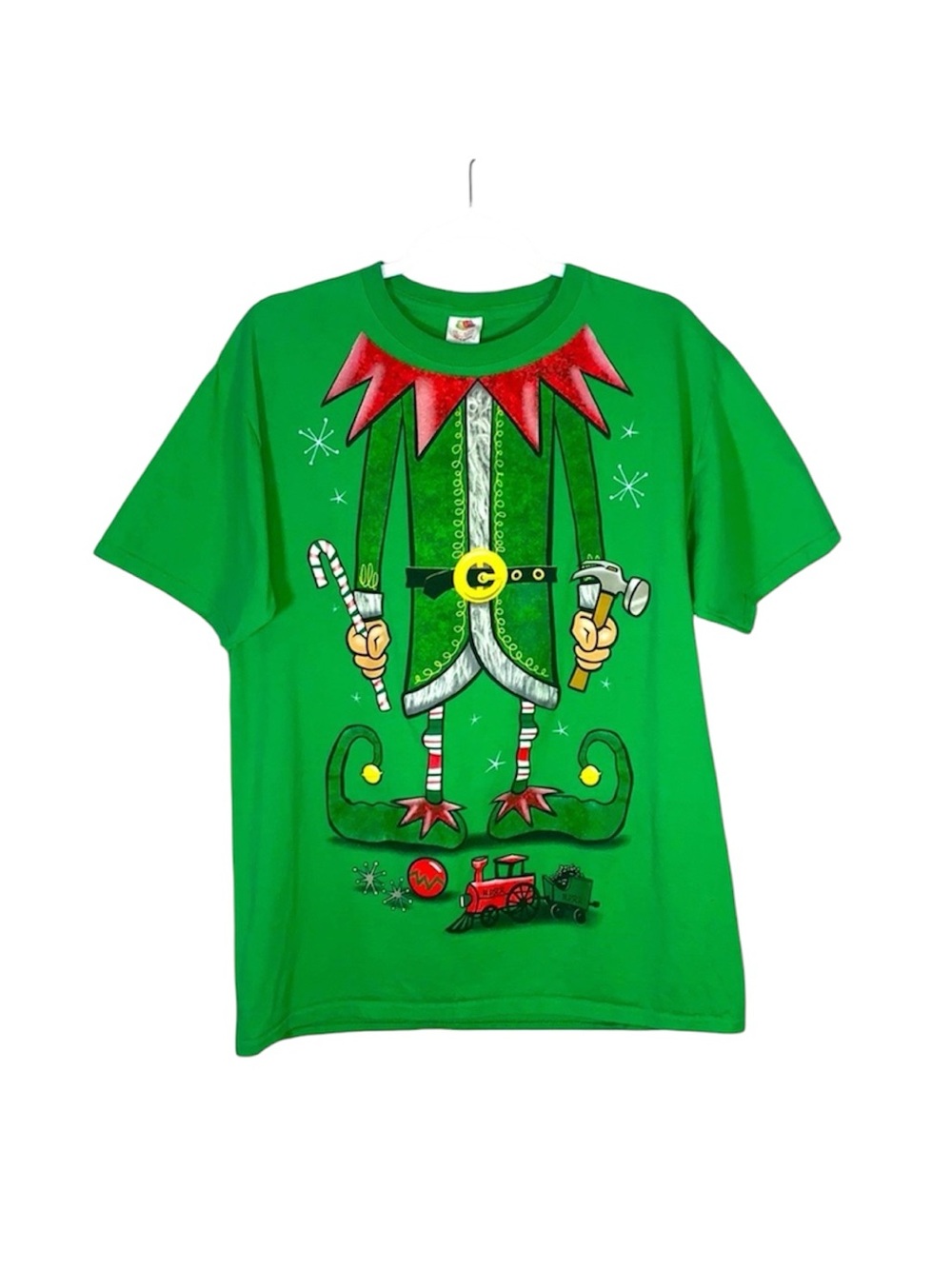 Fruit of the Loom Men’s Large Green Elf Novelty Christmas Graphic T-Shirt